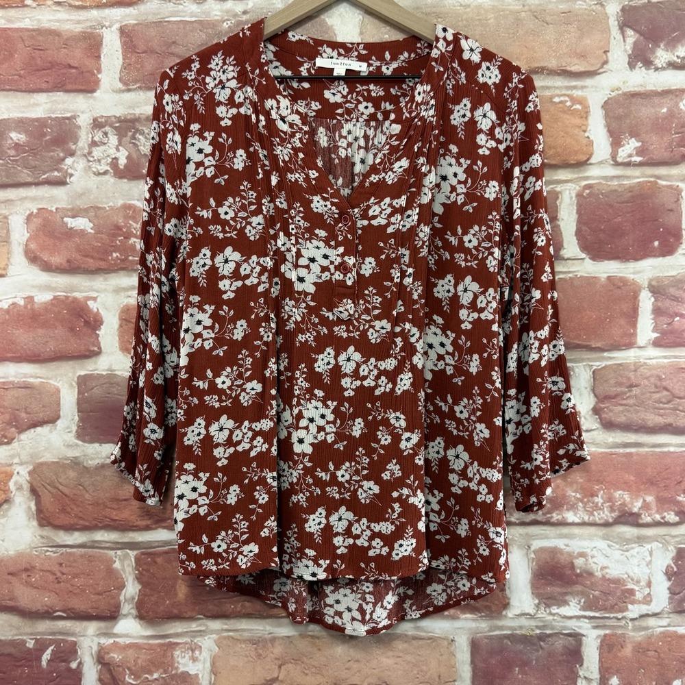 Stitch Fix Fun2Fun Top Women's M Rust Brown Garden Floral Casual Career Shirt